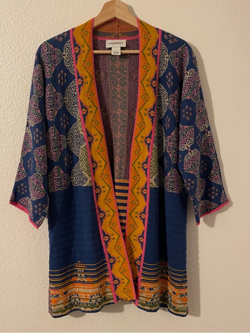 Peck & Peck Cotton Blend Bohemian Kimono Cardigan Sweater Multicolor Size Large